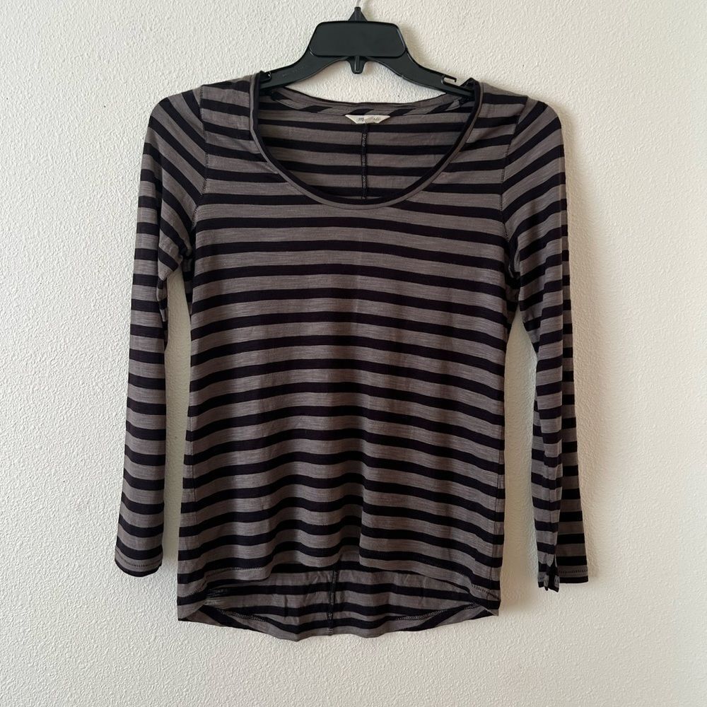 Madewell Anthem Striped Long Sleeve T-Shirt Hi-Low Size Small Green Scoopneck